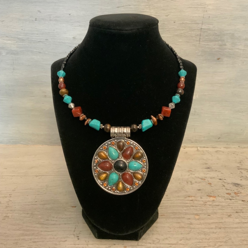 Boho Chic Southwest Multi Stone Beaded Pendant Wire Choker Necklace GC